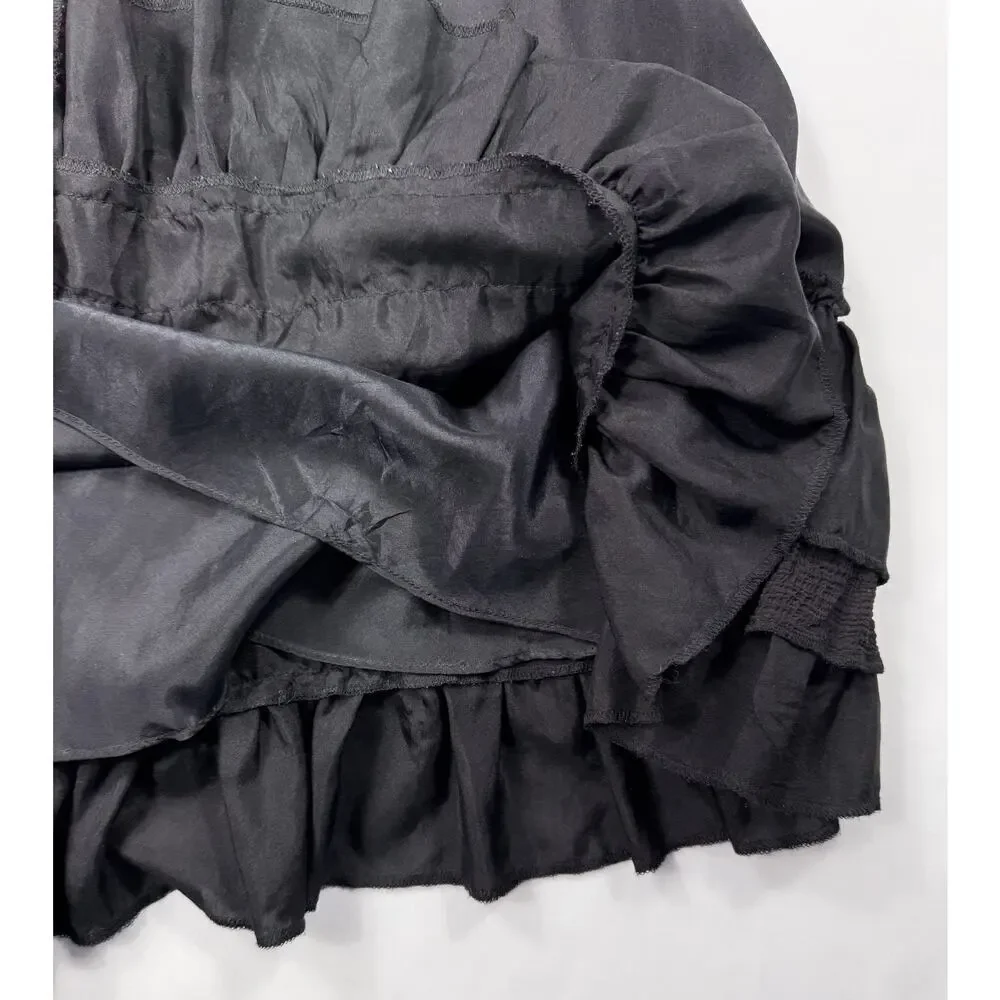 Pure DKNY Black 1990s Skirt, 100% silk Elasticated Waist Sz 6 ruffle hem